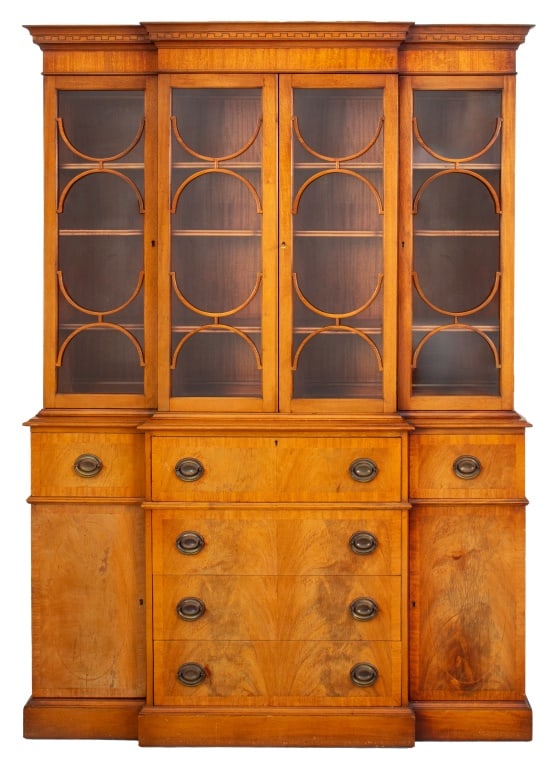 George III Style Mahogany Secretary Bookcase: George III Style Mahogany Secretary Bookcase, with molded cornice above four cabinet doors with "bubble glass" within fretwork mullions, above base with three drawers, one with Saginaw label, one cont