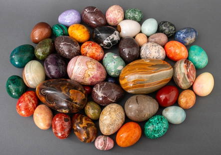 Hardstone Mineral Specimen Eggs, 50: Collection of 50 Hardstone Mineral Specimen Egg Forms, including malachite, jasper, marble, rhodochrosite, agate, etc. Largest: 5" H x 2.5" diameter. Keywords: Crystals, Sculptures, Paperweights