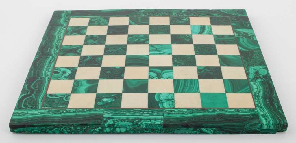 Malachite Chess Game Board: Malachite Chess Game Board, inlaid with brass border. 15" L x 15" W. Provenance: From an Upper East Side townhouse. Keywords: Hardstone, Semi-precious, Mineral specimen, Games table accessories, Marbl