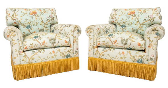 Scalamandre Lampas Upholstered Arm Chairs, Pair: Pair of Scalamandre lampas upholstered arm chairs, covered in the signature "Melograno Sky" pattern with deep bullion fringe. Approx. 31" H x 34" W x 36" D; seat: 17" H. Keywords: Scalamander, Melogra