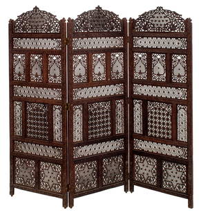 Indian Ahmedabad Teak Three Paneled Screen: Indian Ahmedabad Carved and Reticulated Teak Three Paneled Screen, 20th Century. Approx. 66" H x 72" W; each panel: 24" W.