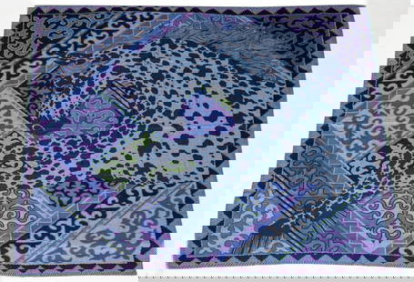 Hermes Paris Appaloosa des Steppes Cashmere Scarf: Hermes Paris "Appaloosa des Steppes" cashmere-silk scarf, designed by Alice Shirley in 2017, made in France, 70% cashmere and 30% silk. 54" H x 55" W.