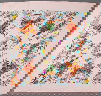 Gucci Pale Pink Chinoiserie Silk Scarf: Gucci pale pink chinoiserie silk scarf, hand-rolled edges. Minor stains. 36" H x 33" W.