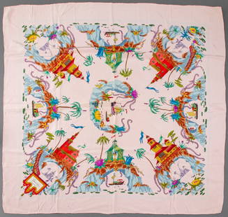 Gucci Pale Pink Chinoiserie Silk Scarf: Gucci pale pink chinoiserie silk scarf, hand-rolled edges. Minor stains. 36" H x 33" W.