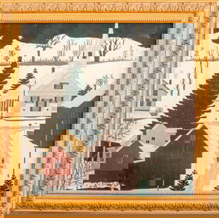 CSD Folk Art Style Winter Scene Tempera on Board: Folk Art Style Winter Scene Tempera Painting on Board, signed "CSD" lower right. Image: 19.5" H x 19.5" W; frame: 25" H x 25" W.