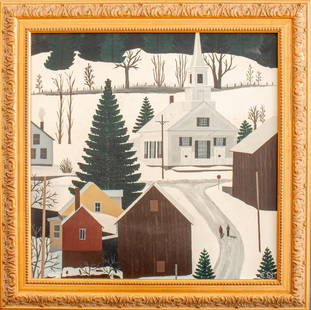 CSD Folk Art Style Winter Scene Tempera on Board: Folk Art Style Winter Scene Tempera Painting on Board, signed "CSD" lower right. Image: 19.5" H x 19.5" W; frame: 25" H x 25" W.