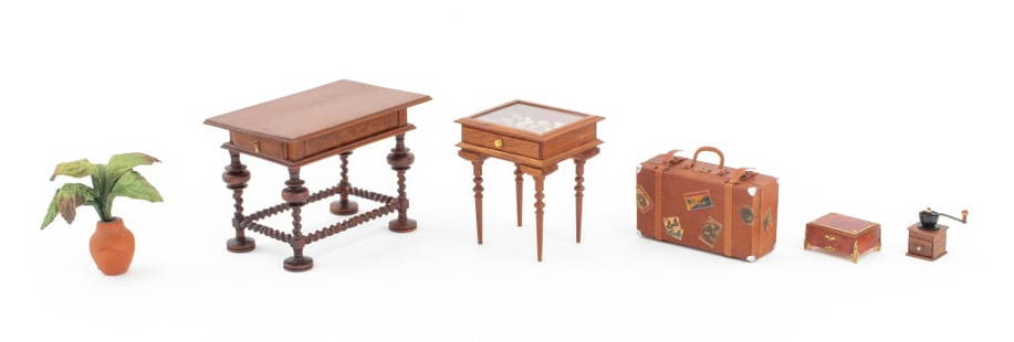 Miniature Dollhouse Furniture & Accessories, 6: Group lot of diminutive dollhouse furniture and accessories comprising one Portuguese style turned wood table, one hardwood vitrine table with seashells under glass one four tapering legs, one luggage