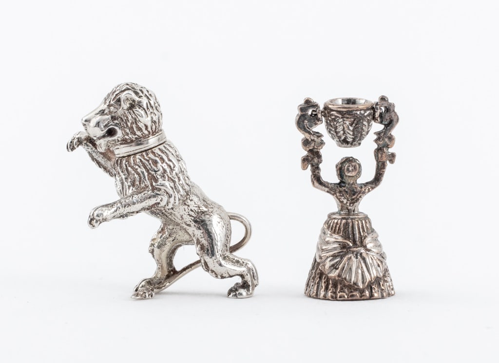 Acquisto Silver Miniature Sterling Articles, 2: Two Acquisto Silver diminutive dollhouse articles comprising one covered leopard-form wine ewer after a Charles I original marked "STERLING" inside lid, and one Renaissance style wedding cup in the fo