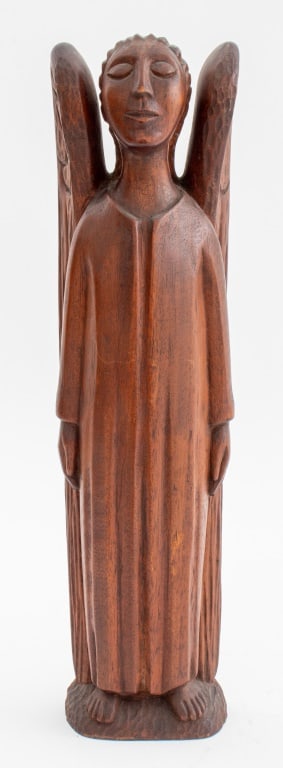 Renzo Carved Wooden Angel Sculpture: Carved wooden sculpture of an angel signed "Renzo" to bottom rear. 16" H x 4.5" W x 3.25" D.