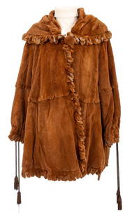 Ben Kahn Hooded Fur Coat: Ben Kahn fur coat with a hood, tassels and looped finish, black silk lining, no size label present. Measurements: Shoulder: 15"; Bust: 48"; Length: 33"; Sleeve Length: 22". Keywords: Luxury, Fashion,
