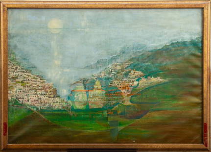 Italian School "Paesaggio" Oil on Canvas, 20th C: Italian School "Paesaggio" Oil on Canvas, 20th Century, titled "Paesaggio" on stretcher in pencil, apparently unsigned. Image: 27:" H x 39" W; frame: 31" H x 42.5" W. Keywords: Italian Paintings, Mode