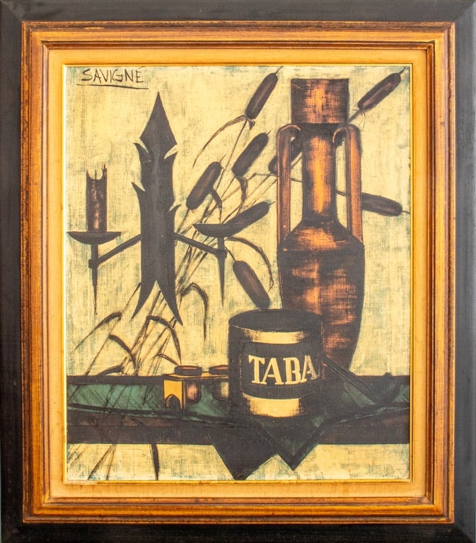 D.H. Savigne Still Life with Tobacco Oil on Canvas: D.H. Savigne (French, XX) Still Life with Tobacco Canister, oil on canvas, signed upper left "Savigne" Image: Approx: 23.5" H x 19.5" W Frame: 31.5" H x27.25" W. Keywords: Georges Braque style, Still