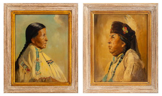 Leonard Borman Portraits Oil on Canvas, 2: Leonard Borman (British/American, 1894-1995) pair of oil paintings on canvas depicting portraits of a Native American woman and man, each signed and housed in distressed and gilt wood frame. Images: 1