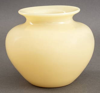 Carder Steuben Ivory Glass Vase: Carder Steuben glass vase in ivory, shape number 6500, with wide lipped mouth over flared tapering body. 5" H x 5.5" Diameter.