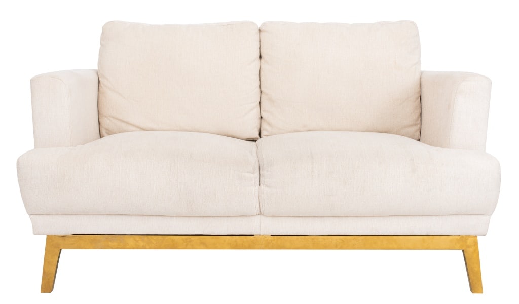 Haitian Cotton Upholstered Brass Two Seat Sofa (1 of 5)