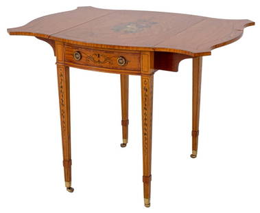 Edwardian Painted Satinwood Pembroke Table: Edwardian Sheraton Revival painted satinwood Pembroke table in the manner of Thomas Sheraton (English, 1751-1806), with rectangular top and shaped drop leaves, the top and sides with floral paintings