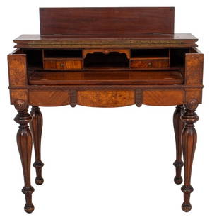 Victorian Mahogany Spinet Desk, 19th C: Victorian Mahogany Spinet Desk, mid-19th Century. 34.5" H x 38" W x 20" D. Keywords: Antiques, Victorian, Case Furniture, Hall Furniture, Small Desk