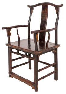 Chinese Hardwood Yoke-Back Arm Chair: Chinese hardwood yoke-back arm chair of "four-corners exposed" form, with shaped crest rail above the S-shaped relief-carved splat and supported on curved corner posts, the curved arm rails above curv
