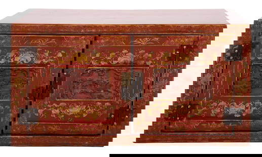 Chinese Parcel Gilt Red Lacquer Cabinet: Chinese parcel gilt red lacquer cabinet, the doors centered with carved panels with auspicious dragons in a landscape, the sides with Chinoiserie scenes. 15" H x 29" W x 16" D. Provenance: Property fr