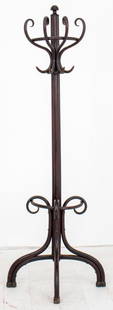 Thonet Manner Bentwood Hall Coat Rack: Thonet manner bentwood hall coat rack, with finial top, four double hooks for coats, and three bentwood scrolls at base anchoring an umbrella and cane rack. 80" H x 29" W x 18" D.