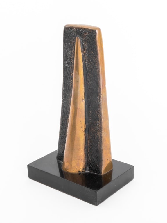 Walter Dusenbury Gilt Bronze Sculpture: Walter Dusenbury (American, b. 1939) Modern Minimalist gilt bronze sculpture of a towering geometric form with a textured surface, signed "W.D." and numbered "3/6" to reverse, mounted on a black marbl