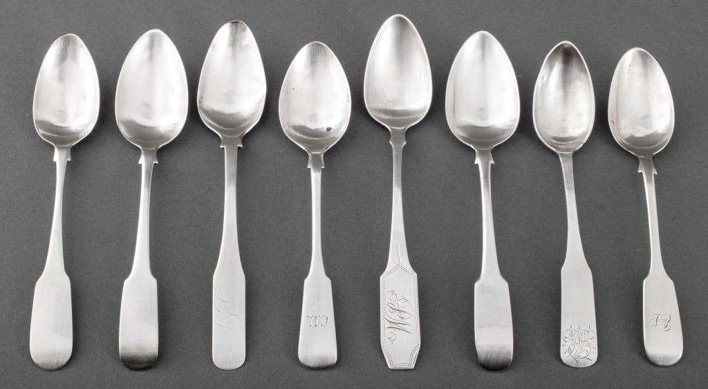 Group of Silver Fiddle Back Tea Spoons, 8: Group of Silver Fiddle Back Tea Spoons, 8, various makers, various dates, one with makers marks of Scott, Glasgow, 1822. Weight: 4.48 ozt. Provenance: Private Collection, New York.