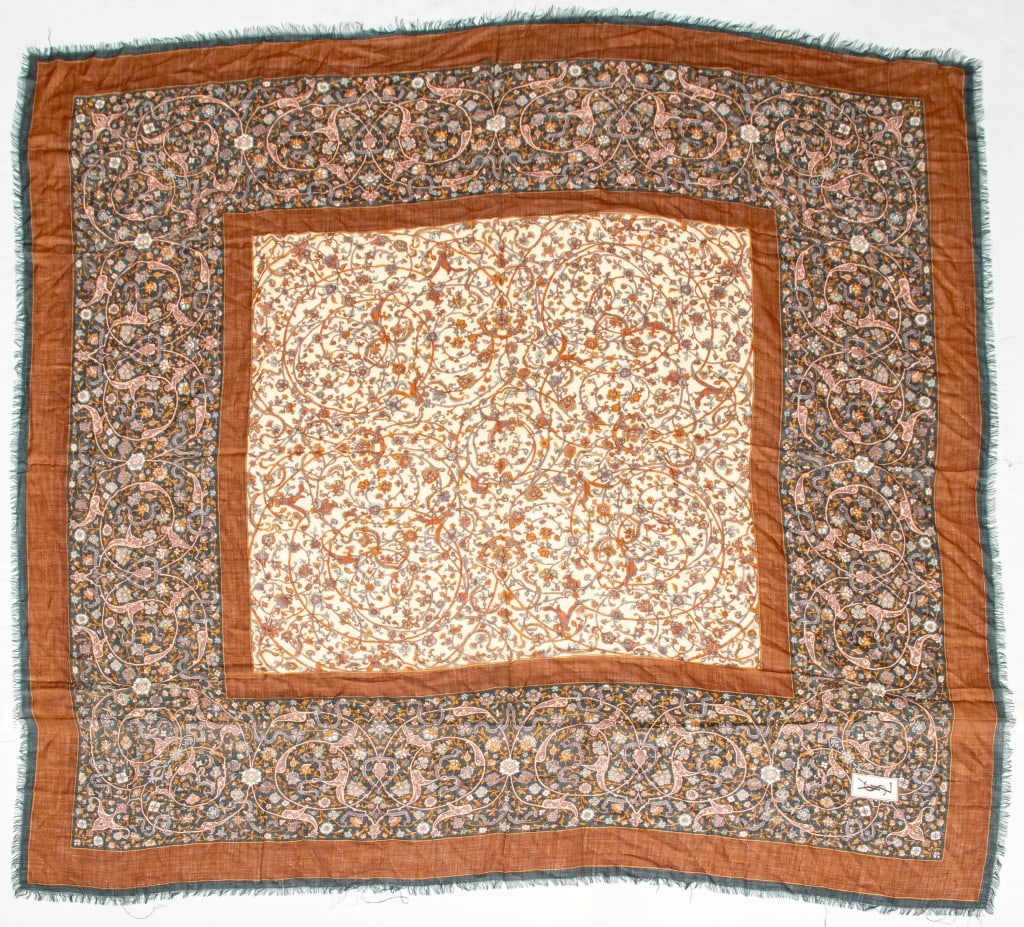 Yves Saint Laurent Tapestry Silk-Blend Scarf: Yves Saint Laurent tapestry silk-blend scarf, with logo "YSL" in the print. 57" H x 53" W.