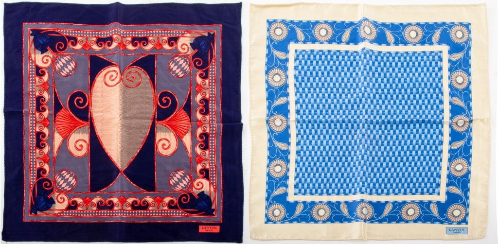 Lanvin Paris Silk Pocket Squares, 2: Lanvin Paris silk pocket square, hand-rolled edges, logo in print. 14.5" H x 15" W.