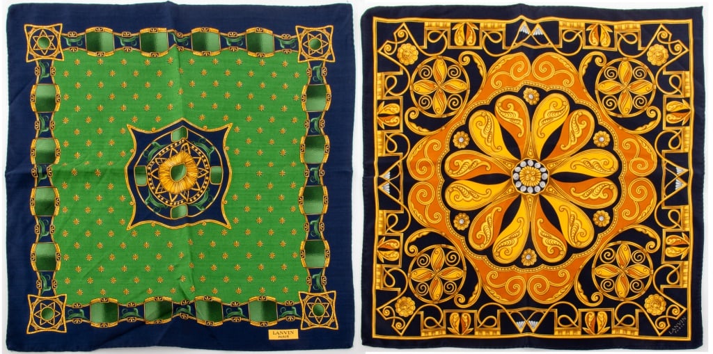 Lanvin Paris Silk Pocket Squares, 2: Two Lanvin Paris silk pocket squares, hand-rolled edges, logo in print. 15" H x 15.25" W.