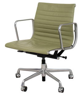 Eames Herman Miller Aluminum Group Arm Chair: Eames for Herman Miller Aluminum Group office arm chair, with gray leather upholstery. Approx. 32.5" H x 21.5" W x 23" D. Keywords: Mid-Century Modern, Charles & Ray Eames, Herman Miller, Office furni