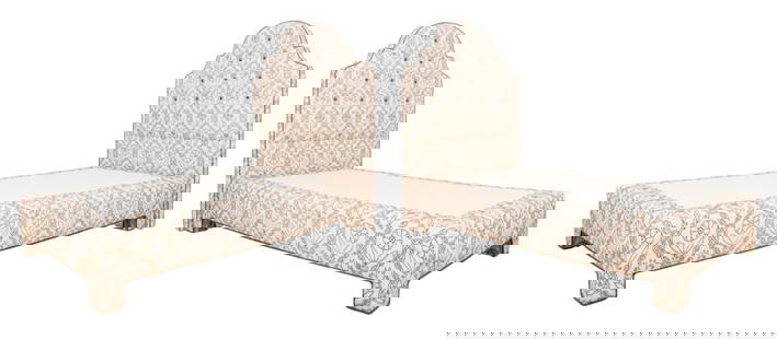 Embroidered Upholstered Twin Beds, Pair: Pair of Crewel Style Embroidered Twin Beds, each with headboard and upholstered base. 56" H x 40.5" W x 80" D.