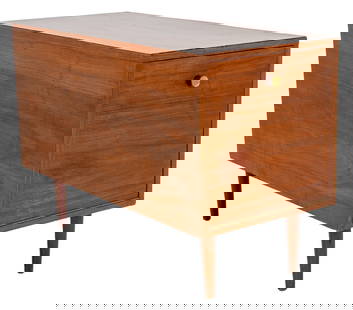 Mid-Century Modern Walnut Veneer End Cabinet: Mid-Century Modern walnut veneer end cabinet raised on fluted feet, having one door to side, top now covered with faux wood surface. 26" H x 38" W x 18" D.