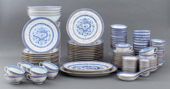 Chinese Rice Grain Porcelain Dinner Service, 12: Chinese Rice Grain Porcelain Dinner Service, 12, each piece with cobalt underglaze marks and "Made In China" and comprising: 12 dinner plates, 12 luncheon plates, 12 rice bowls, 12 soup bowls, 11 coff