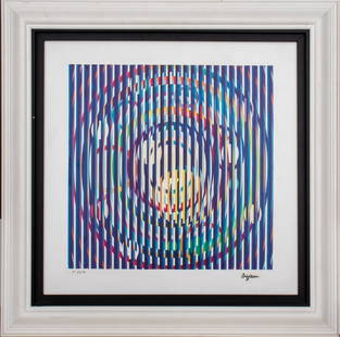 Yaacov  Agam Signed and Numbered Op Art Giclee: Yaacov Agam (Israeli, b. 1928) Op Art Giclee on Canvas, numbered 117 / 270 lower left and signed "Agam" lower right, verso with pencil catalogue number "185875.0134". Frame: 26.25" H x 26.25" W. Keywo