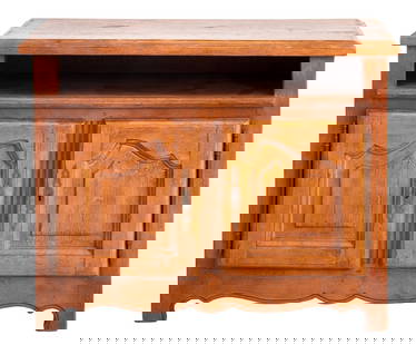 French Provincial Style Walnut Two Door Cabinet: French Provincial style walnut two door cabinet with molded rectangular top above an open shelf on two cabinet doors fitted with wrought iron hinges and mounts. 34" H x 42" W x 19" D.