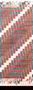 Indian Woven Runner, 7' 6" x 2' 8': Indian woven runner, depicting a geometric pattern of blue and magenta stripes, cotton. 7' 6" H x 2' 8" W. Keywords: Rug, Carpet, Runner, Wool, Interior Design