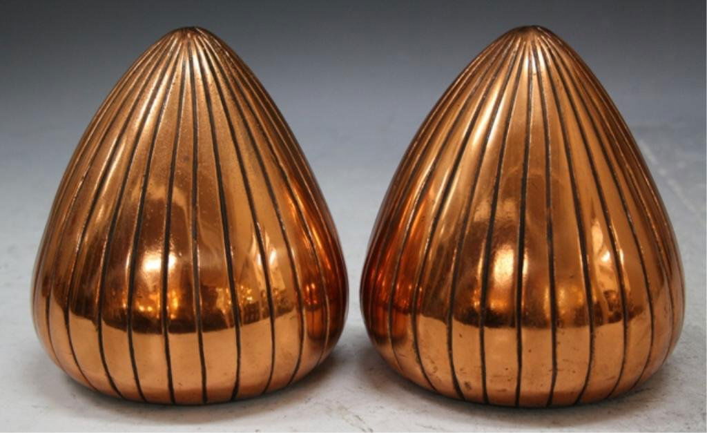 Ben Seibel for Jenfred-Ware Book Ends 1950s: Ben Seibel for Jenfred-Ware cast metal copper finish acorn book ends, United States, 1950s; designer sticker on bottom. Dimensions: 6"H x 5"W x 4"D