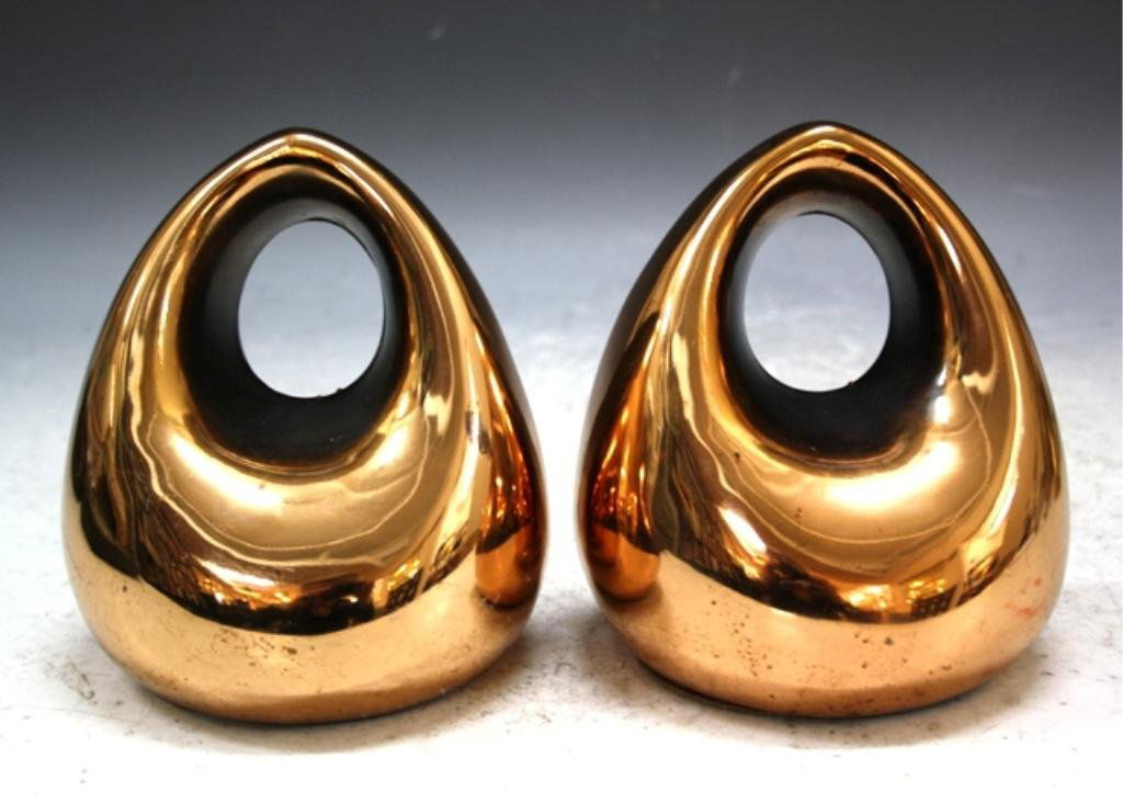 Ben Seibel Copper Finish Orb Book Ends 1950s: Ben Seibel for Jenfredware cast metal with copper finish orb shaped book ends, United States, 1950s; unmarked. Dimensions: 6"H x 5-1/2"W x 4"D