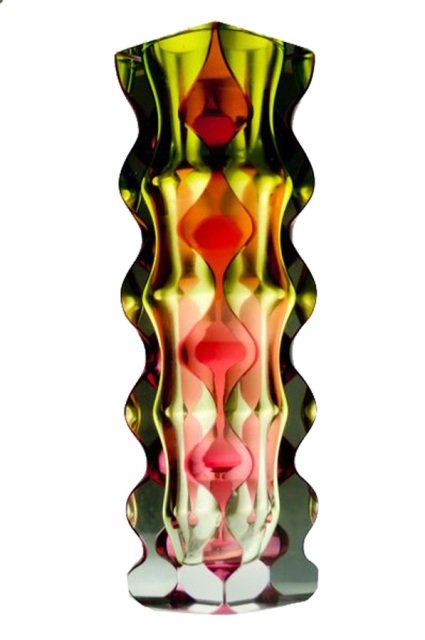 Oldrich Lipsky Glass Vase for Exbor 1960s Czech: Oldrich Lipsky yellow and pink undulating glass vase for Exbor Czechoslovakia, 1960s; unmarked. Dimensions: 9-1/2"H x 2-1/2"W x 2-1/2"D