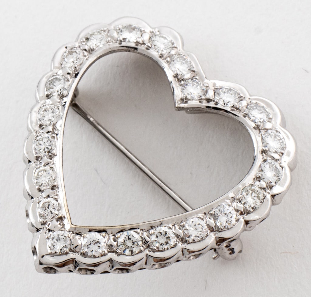 Modern 14K White Gold Diamond Heart Brooch Pin (1 of 8)