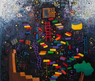 Domenick Capobianco Abstract Cityscape Oil: Domenick Capobianco (American, b. 1938) colorful abstract cityscape oil painting on canvas, apparently unsigned, unframed. 64" H x 74.5" D. Provenance: Property from the estate of the artist. Note: