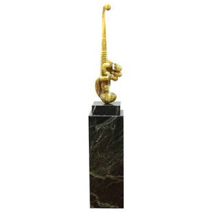 Prince Monyo Abstract Carved Marble Sculpture: Modern abstract carved marble sculpture by Romanian artist Prince Monyo Simon Mihailescu-Nasturel (b. 1926), the piece has sinuous biomorphic shapes and swags and sits atop a square base, mounted