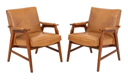 Mid-Century Modern Style Vinyl & Wood Chairs, Pair: Pair of Danish Mid-Century Modern manner caramel vinyl upholstered armchairs with wood frames, apparently unmarked. 32" H x 25" W x 24" D; seat: 18.5" H.