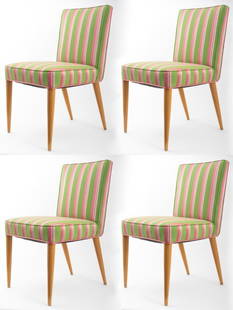 T.H. Robsjohn-Gibbings Widdicomb Dining Chairs, 4: Set of four T.H. Robsjohn-Gibbings (British, 1905-1976) for Widdicomb Mid-Century Modern maple dining chairs, upholstered with green fabric with pink stripes. 34.5" H x 19.5" W x 22.5" D.