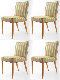 T.H. Robsjohn-Gibbings Widdicomb Dining Chairs, 4: Set of four T.H. Robsjohn-Gibbings (British, 1905-1976) for Widdicomb Mid-Century Modern maple dining chairs, upholstered with green fabric with pink stripes. 34.5" H x 19.5" W x 22.5" D.