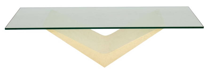 Gampel-Stoll Faux Parchment Coffee Table, 1980s: Gampel-Stoll Postmodern faux travertine low table, Cocktail Table Model no. #1401, circa 1982, with rectangular glass top above an inverted boomerang base in faux parchment with lucite supports. 15.5"
