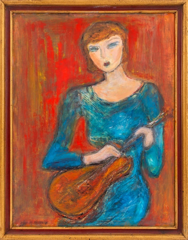 Joan Shapiro "Woman with Music" Oil on Panel: Joan Hyde Shapiro (American, XX-XXI) "Woman with Music" oil painting on masonite depicting a seated female figure holding a violin, signed lower left, housed in a gilt wood frame. Image: 25" H x 19" W