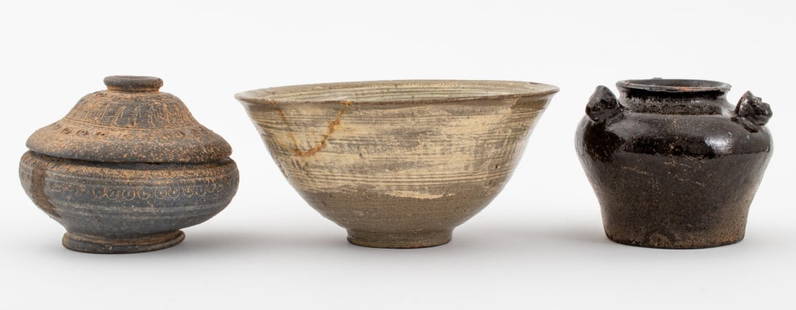 Korean Antique Ceramic Pottery Vessels, 3: Three Korean Antique Ceramic Pottery Vessels, one rare covered bowl with incised geometric design, Silla Dynasty, 6th Century, one black glazed vase with three lion mask handles, Joseon Dynasty, 19th
