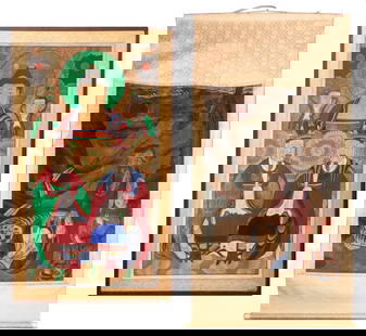 Korean Gouache Paintings, 2: Two Korean Gouache Paintings, one Mushindo painting on cloth, and one scroll painting with Sanshin and tiger, Joseon Dynsaty, 19th century. Mushindo image: 34.75" H x 18.5" W; frame: 39.75" H x 23.5"