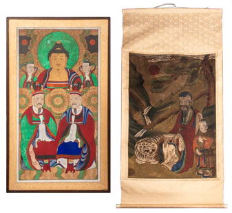 Korean Gouache Paintings, 2: Two Korean Gouache Paintings, one Mushindo painting on cloth, and one scroll painting with Sanshin and tiger, Joseon Dynsaty, 19th century. Mushindo image: 34.75" H x 18.5" W; frame: 39.75" H x 23.5"